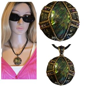 Vintage Chico’s Artsy Statement Necklace  Iridescent Abalone Style Pendant